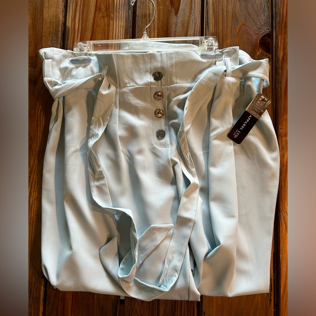 Lightweight, Light Blue Pants With Elastic Waist, Tie Belt. Size Xl.